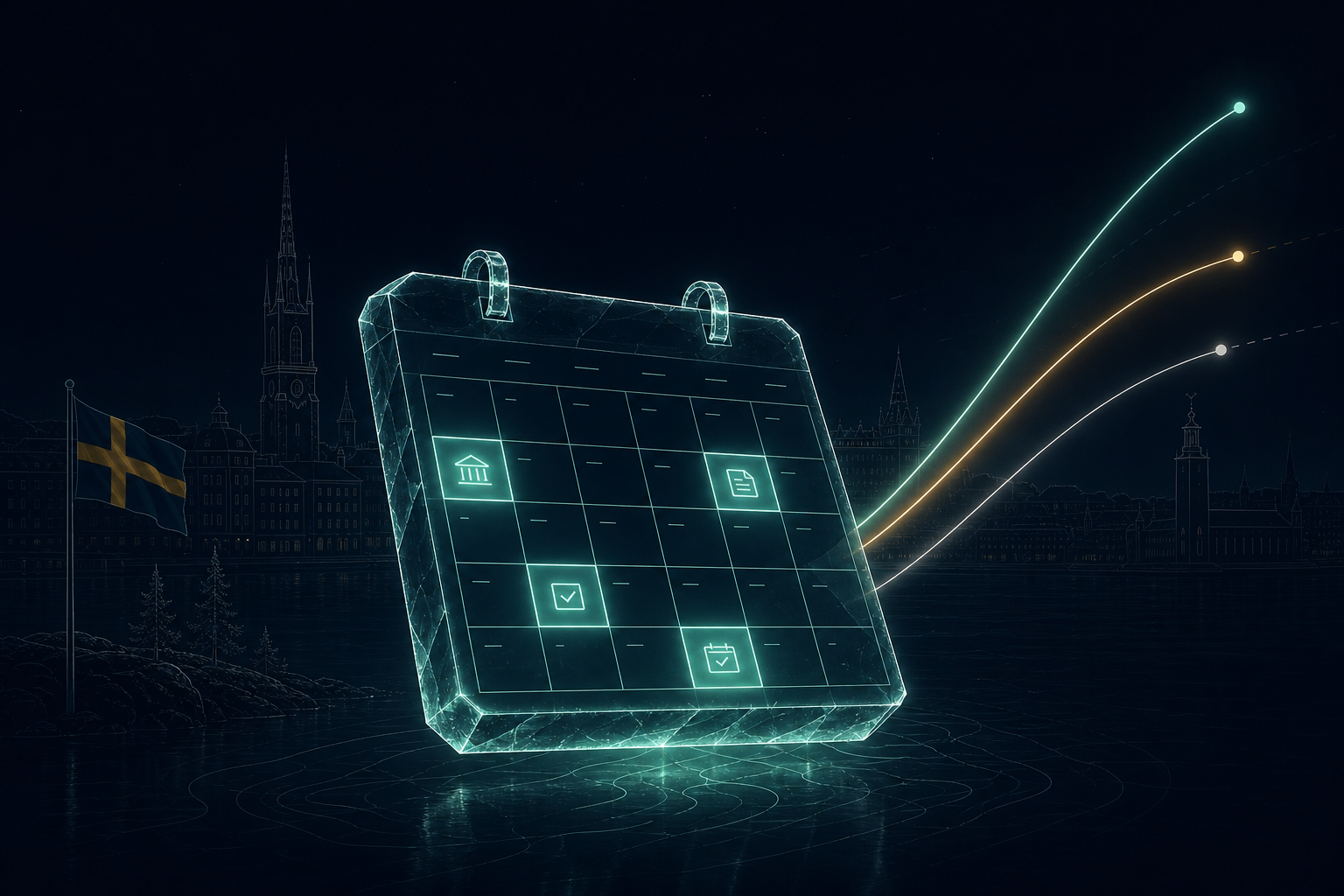 A floating glowing calendar over a faint Stockholm skyline, with three forecast curves rising into the distance