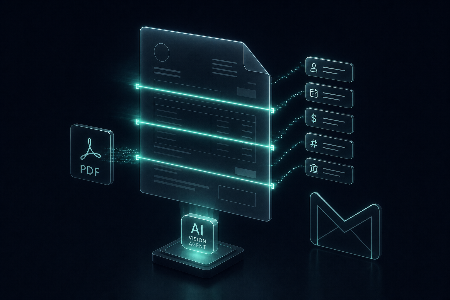 Stylized scene of an invoice document being scanned and parsed by an AI vision agent
