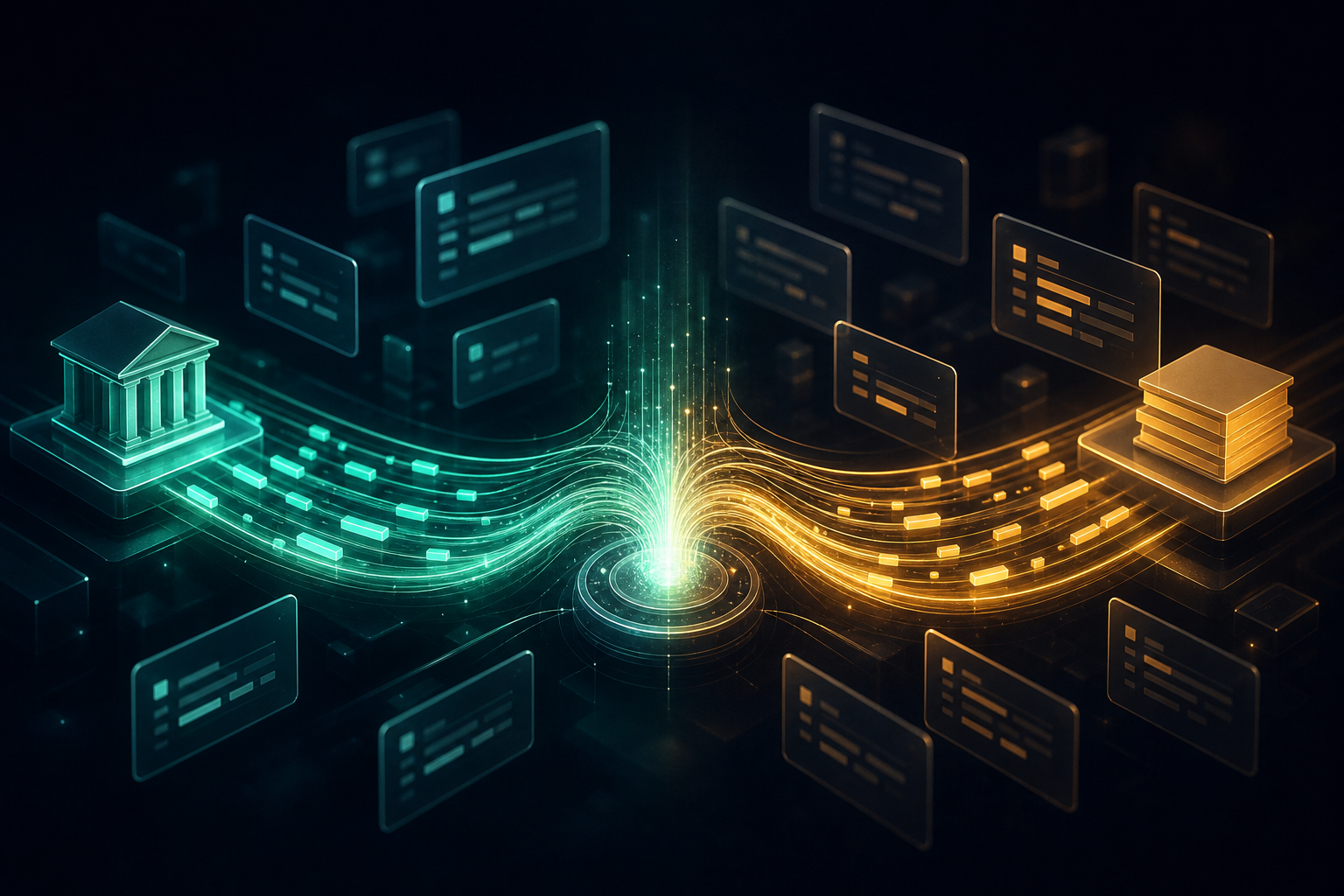 Two streams of glowing financial data flowing toward each other and meeting in a matched-pair hub